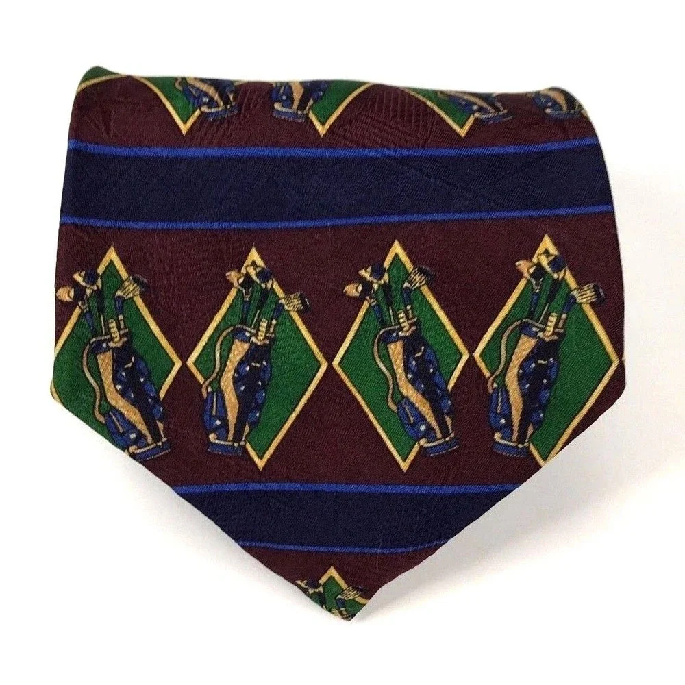 Tommy Hilfiger Men's 100% Silk Geometric Striped Golf Club Bag Novelty Necktie